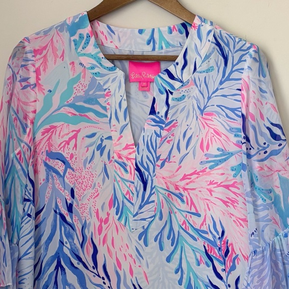 Lilly Pulitzer Elenora Silk Bell Sleeve Dress Medium Kaleidoscope Coral - Picture 3 of 8